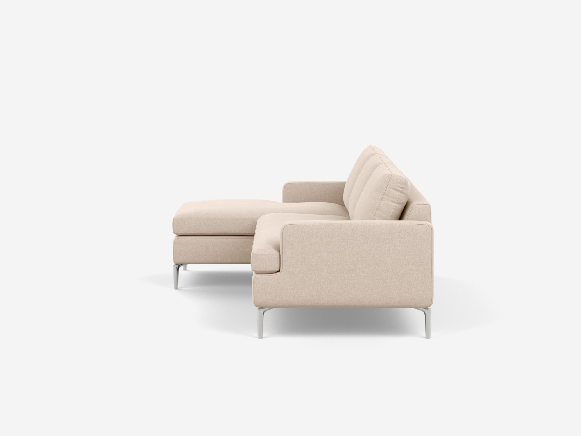 Side view of the Eve mid century sectional in white fabric with left chaise